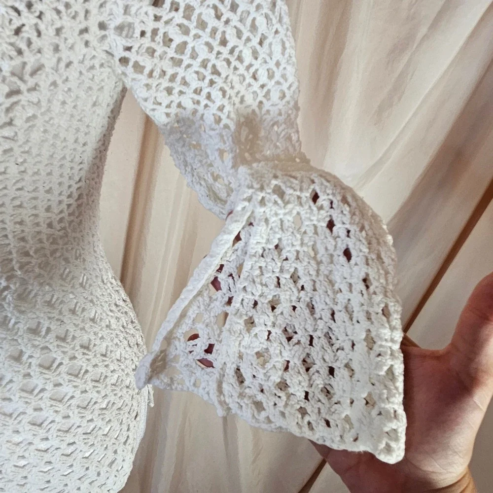 White Open Knit Crochet Top Women's Small Bell Sleeve Boho Festival Cottagecore